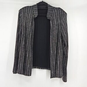 Glam Womens Black Silver Sparkle Stripe Open Front Blazer Jacket Party L Gala